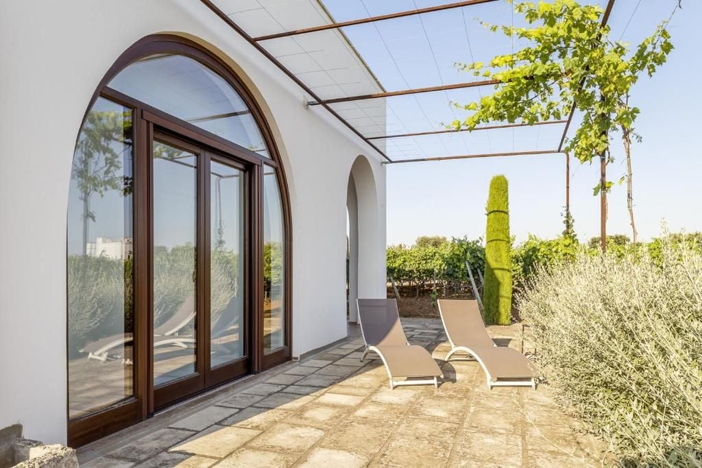 A modern building with large glass doors, a patio with lounge chairs, and a vineyard in the background.
