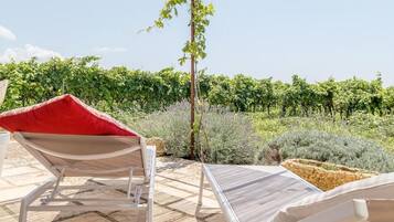Two white lounge chairs with red cushions, a small table, and a view of a vineyard.