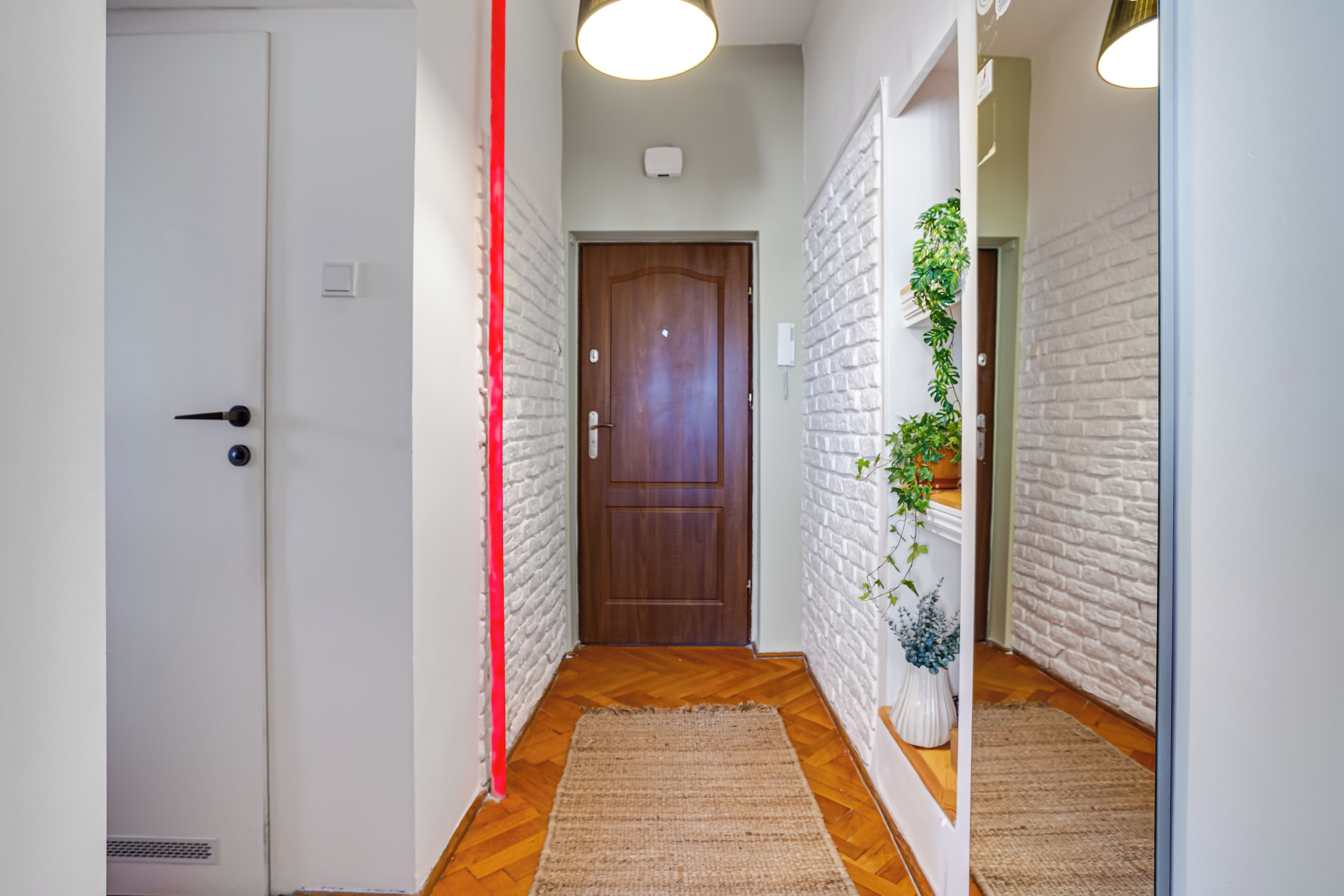 A hallway with a wooden door, white brick walls, a red trim, and a plant.