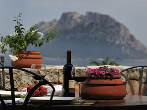 Ein Tisch mit einer Weinflasche, Gläsern und einer Schale Erdbeeren, mit Blick auf eine Berglandschaft.