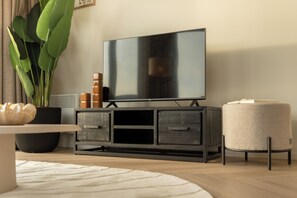 Een moderne woonkamer met een flatscreen televisie op een zwart kastje, een ronde fauteuil en een grote groene plant.