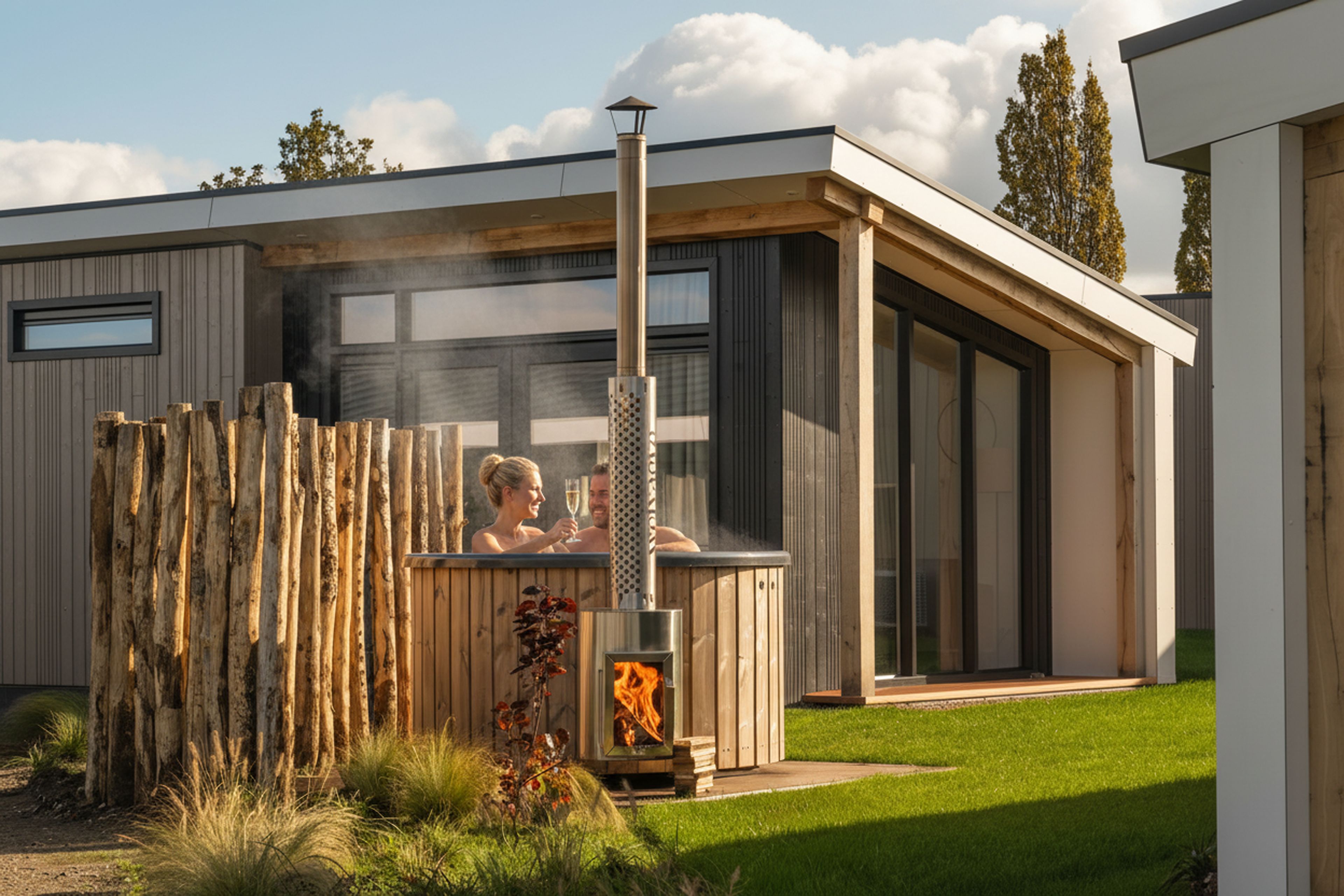 Un sauna extérieur moderne, doté d’une structure en bois et d’un foyer visible à l’intérieur.