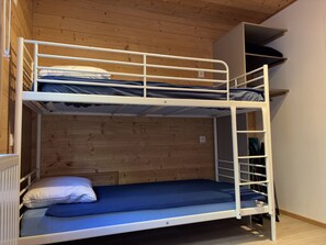 A bunk bed with a lower bunk and a higher bunk, both with blue bedding. - Apartment with balcony and ski slopes view (Les Deux Alpes)
