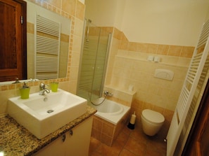 A bathroom with a sink, mirror, shower, and toilet. - Holiday Apartment With 1 Bedroom (Orosei)