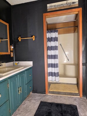 A bathroom with a black wall, a wooden door, a striped shower curtain, and a small sink with a bird-shaped soap dispenser. - LOADED 2br main house 1mi fr Tawakoni State Park on over acre, IT IS PLENTYFUL!! (Wills Point)