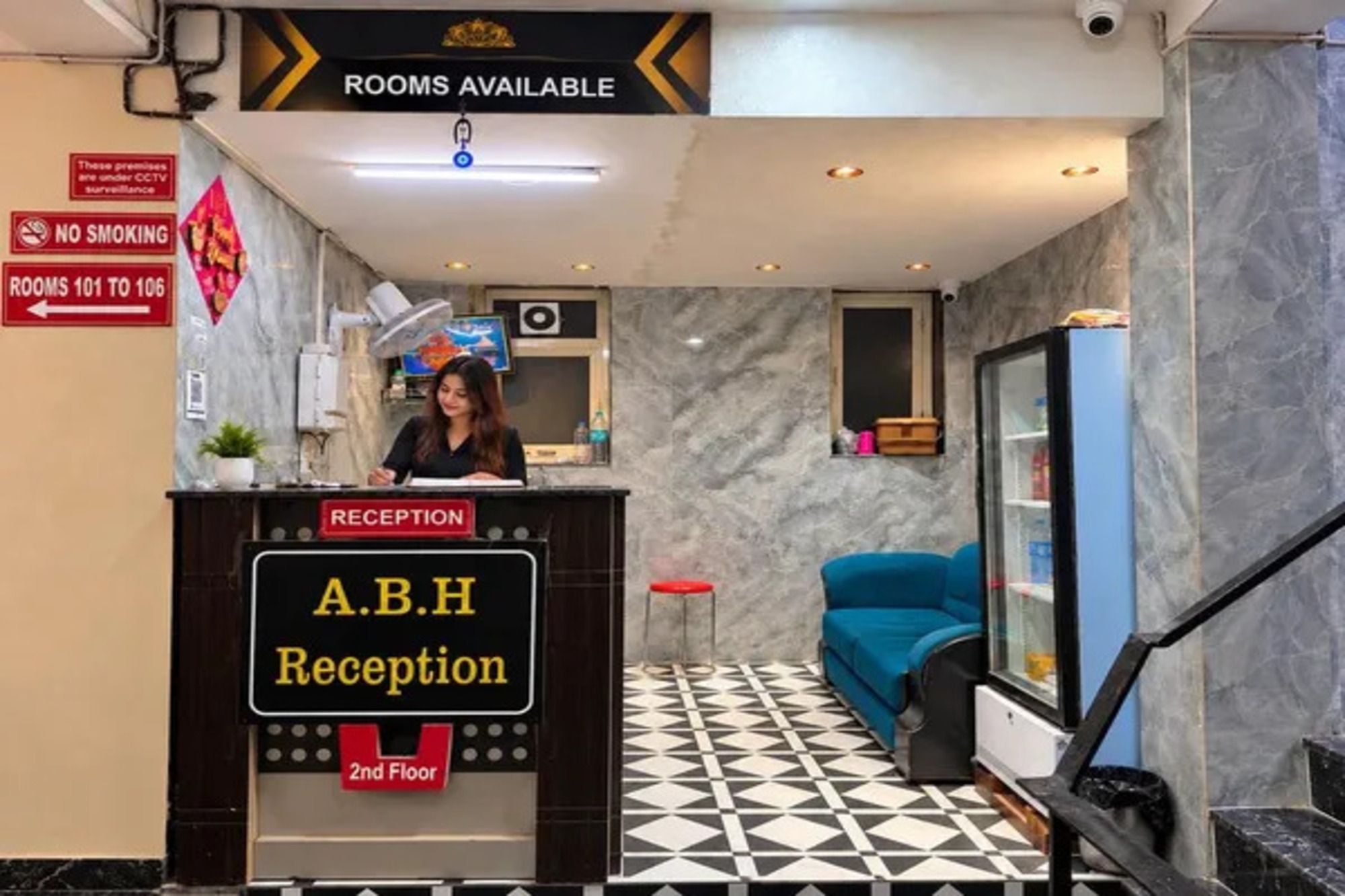 A hotel reception area with a reception desk labeled 'A.B.H Reception' on the 2nd floor.