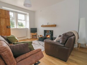 A living room with a fireplace, a sofa, a television, and a window. - 8 Douglas Place (Isle of Arran)