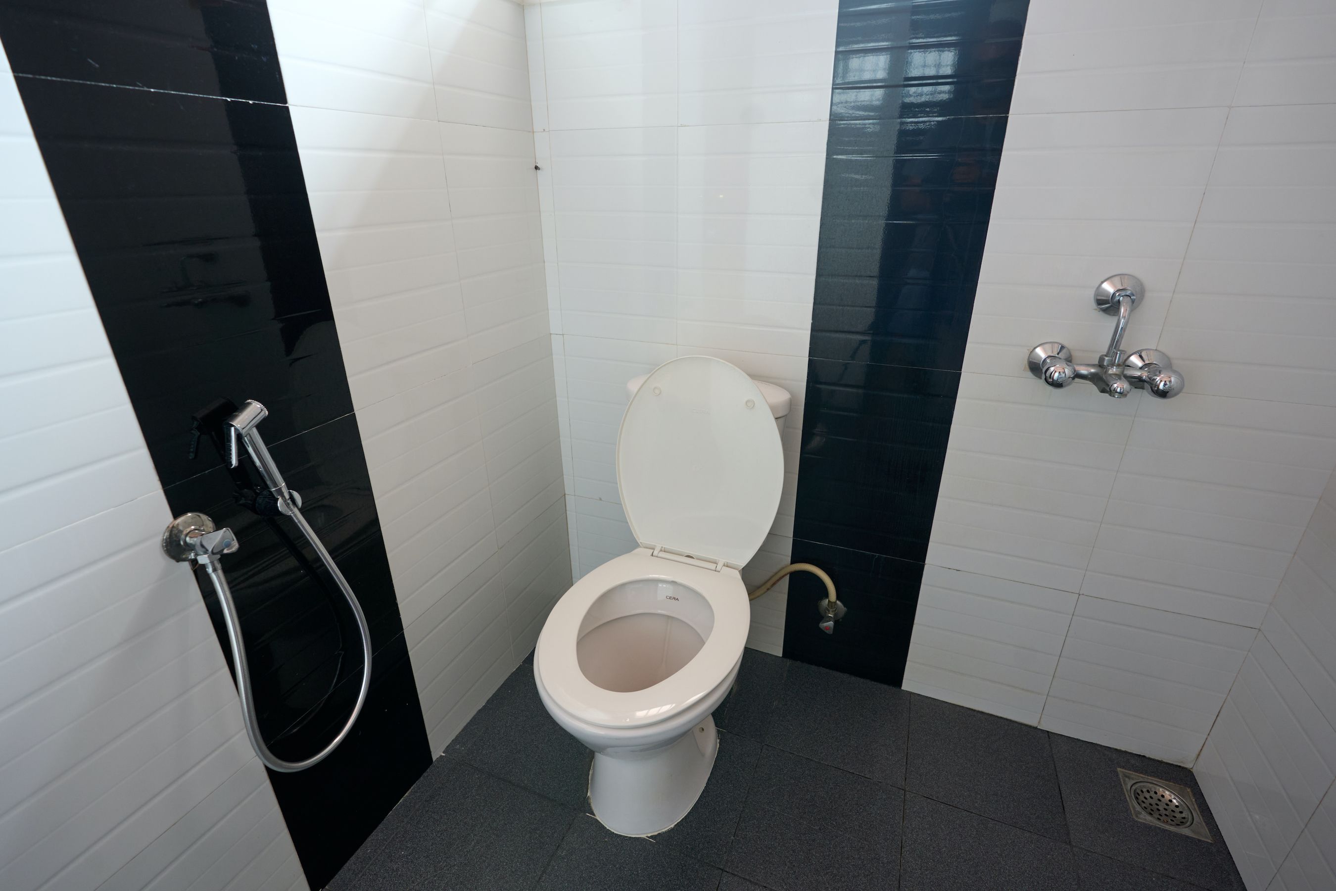 Ein kleines, modernes Badezimmer mit Toilette, einer Dusche mit Handbrause und einem am Wand montierten Wasserhahn.