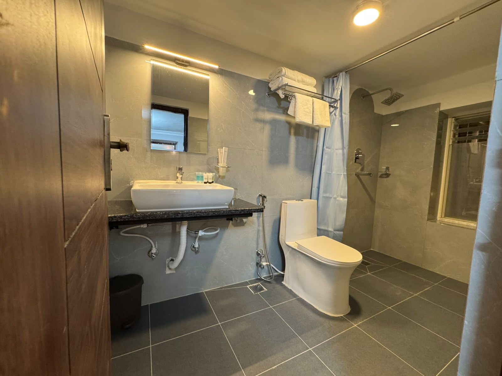 A modern bathroom with a sink, toilet, and shower.