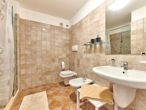 A bathroom with a shower, toilet, bidet, sink, and a mirror. - "casa Appartamenti Alin A" (Malcesine)