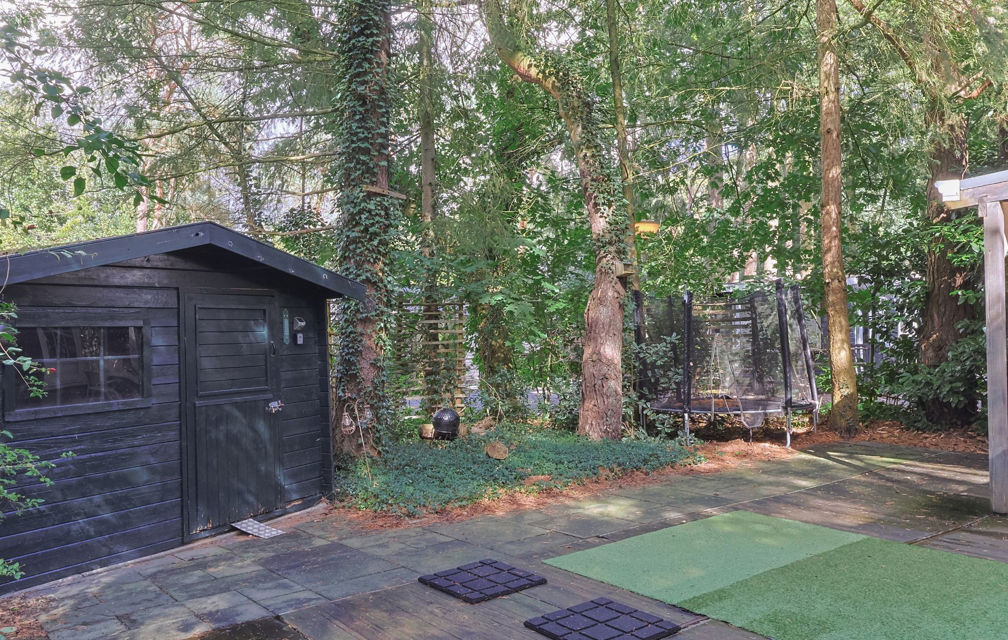 A wooden shed, a trampoline, and a green artificial turf area in a backyard.