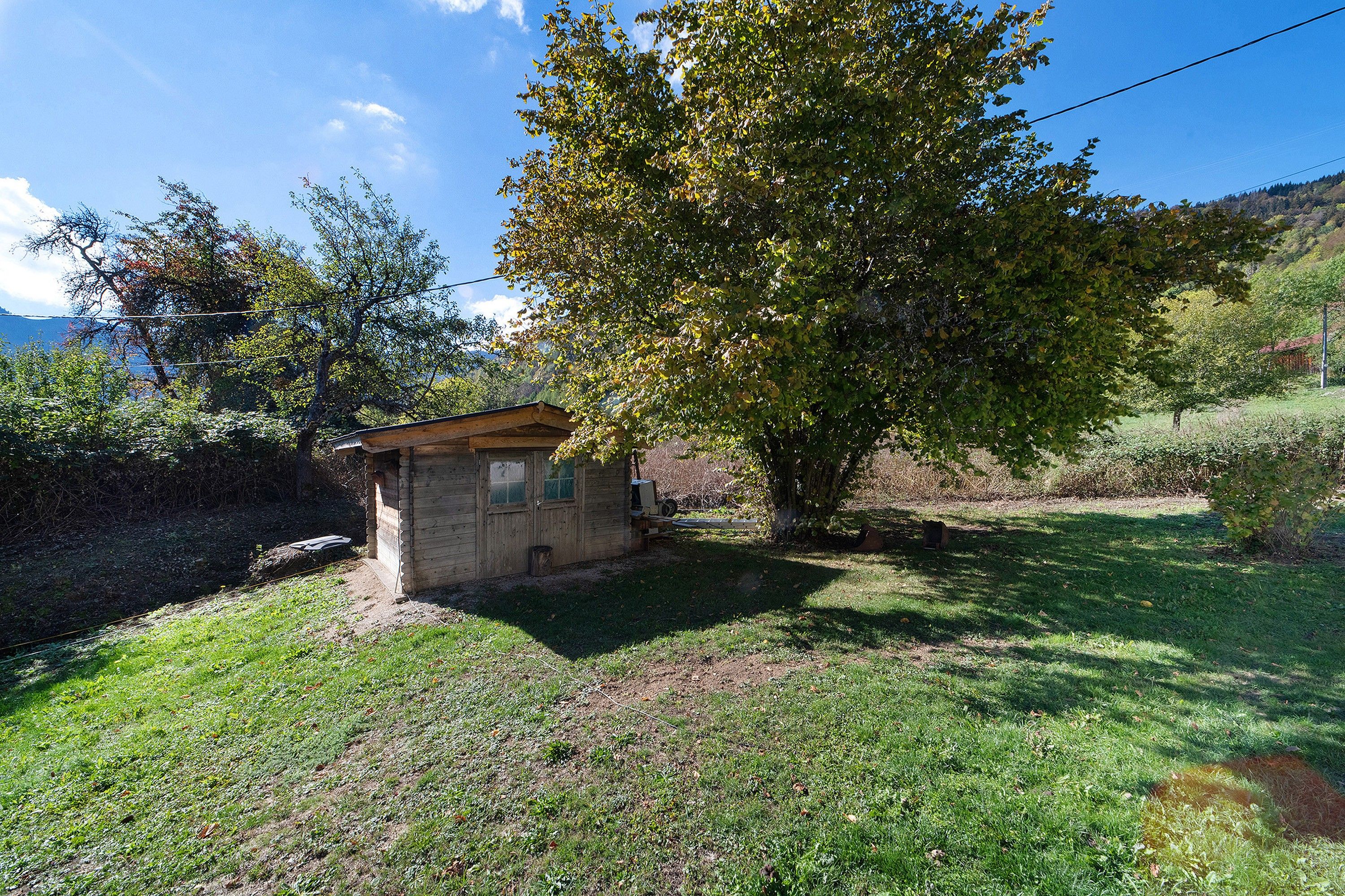A small wooden cabin with a sloped roof, surrounded by a grassy area and trees.