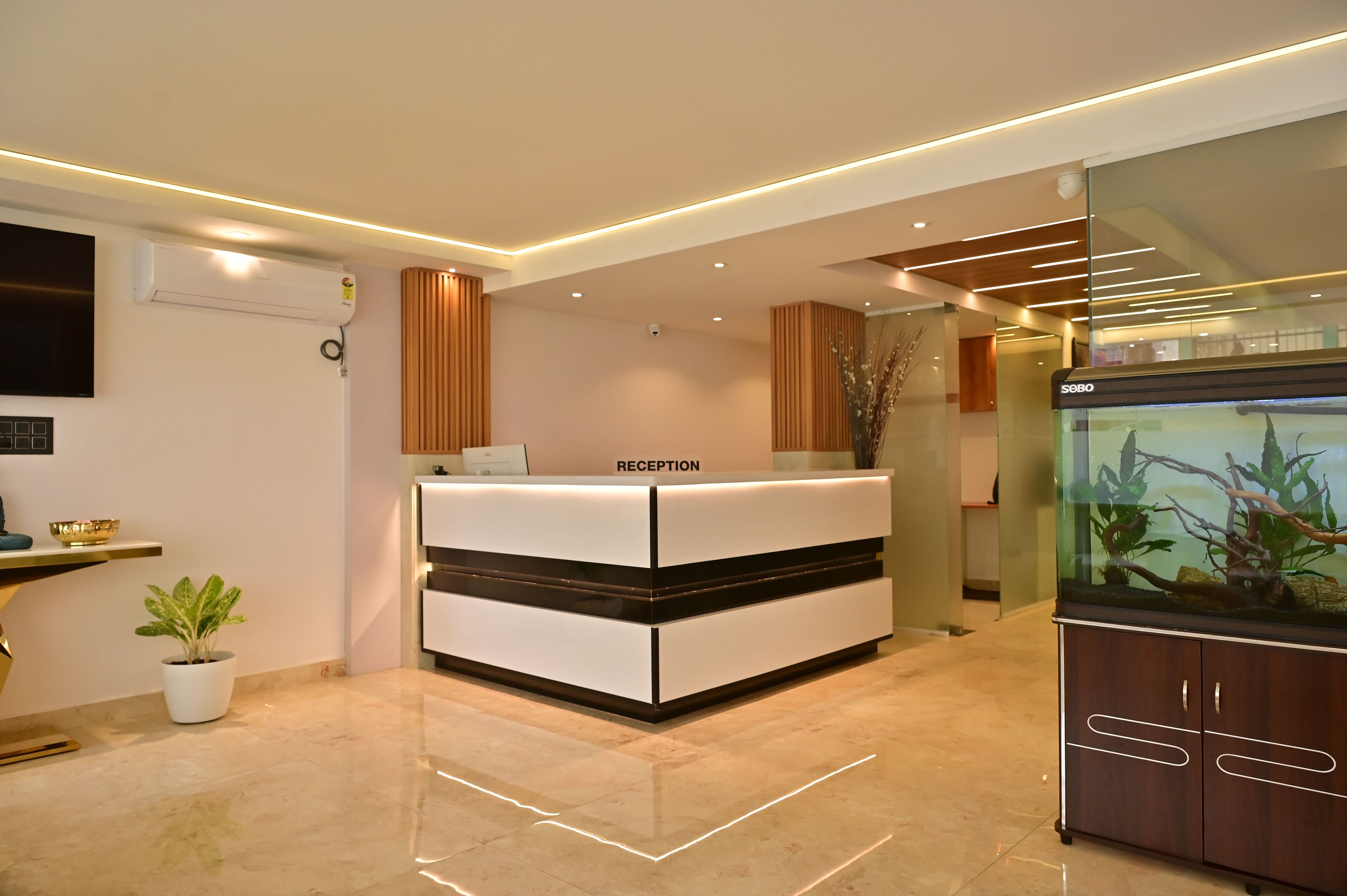 A reception desk with a 'RECEPTION' sign, a modern air conditioning unit, a flat-screen TV, a potted plant, and a fish tank.