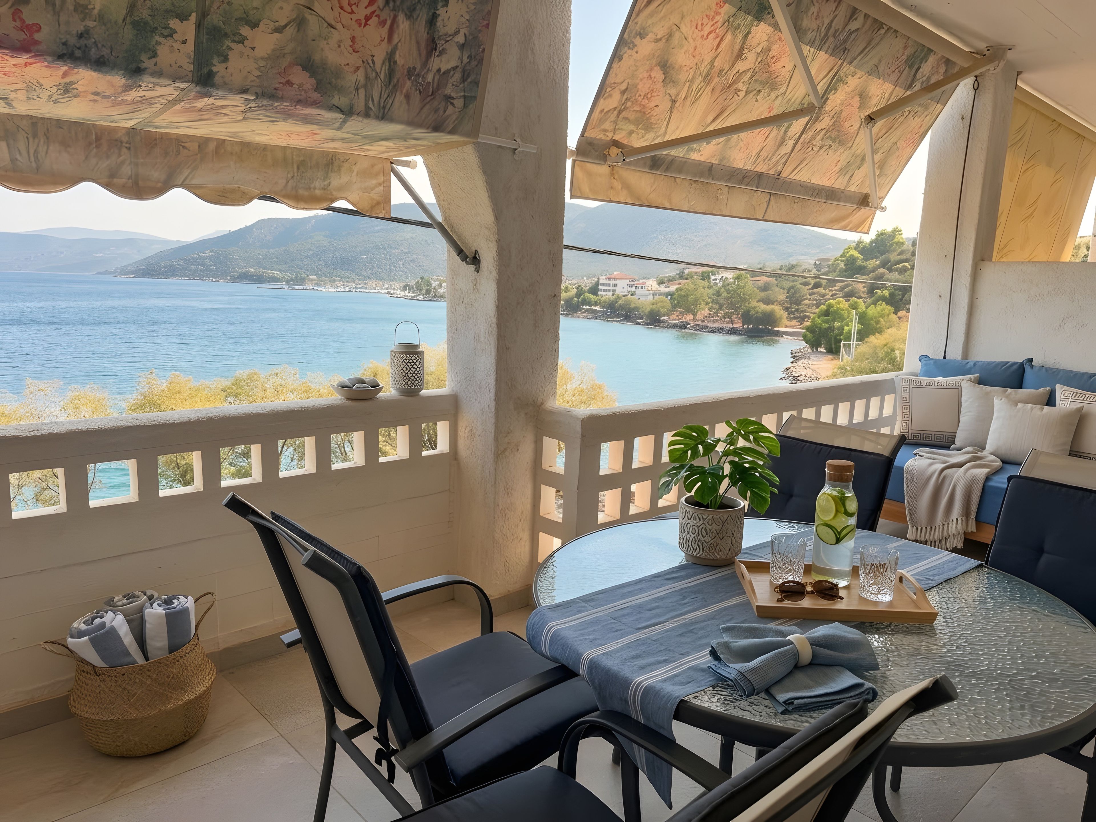 A balcony with a table, chairs, a potted plant, and a view of a lake and mountains.