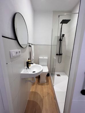 A modern bathroom with a glass-enclosed shower, a white sink, and a toilet. - Fuencarral rooms & stay  (Madrid)