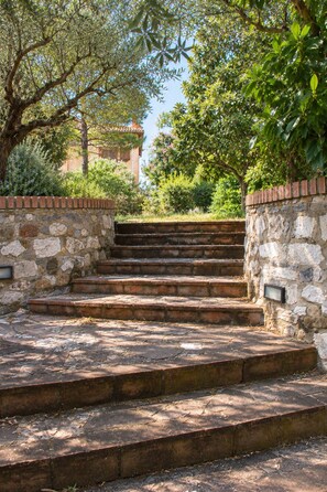 Una escalera de piedra que sube hacia un edificio, rodeada de vegetación y un muro de piedra.