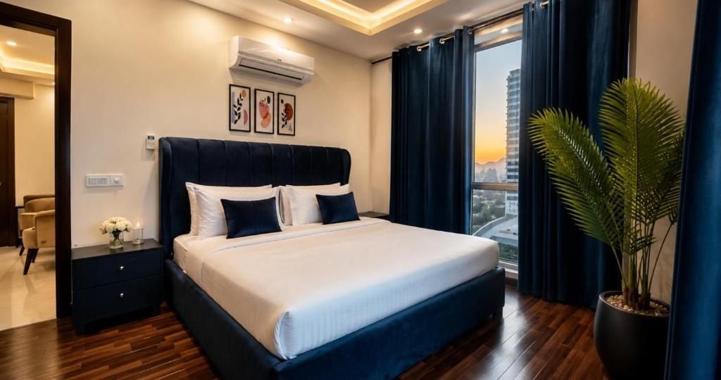 A hotel room with a large bed, a nightstand, a potted plant, and a city view.