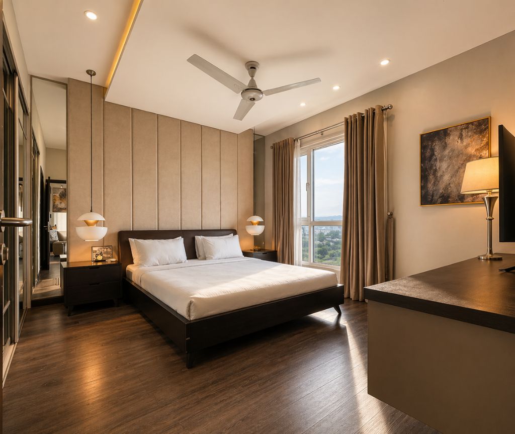 A modern hotel room with a large bed, bedside lamps, a ceiling fan, and a window with curtains.