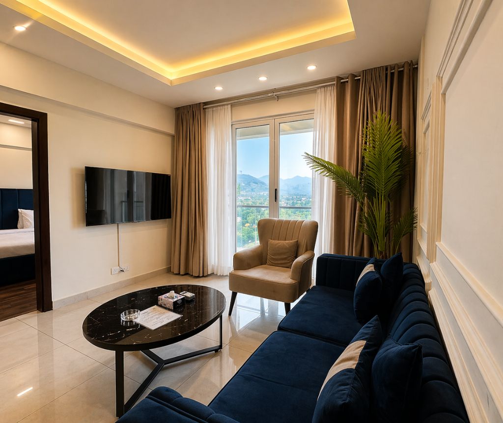 A modern living room with a sofa, armchair, and a flat-screen TV.