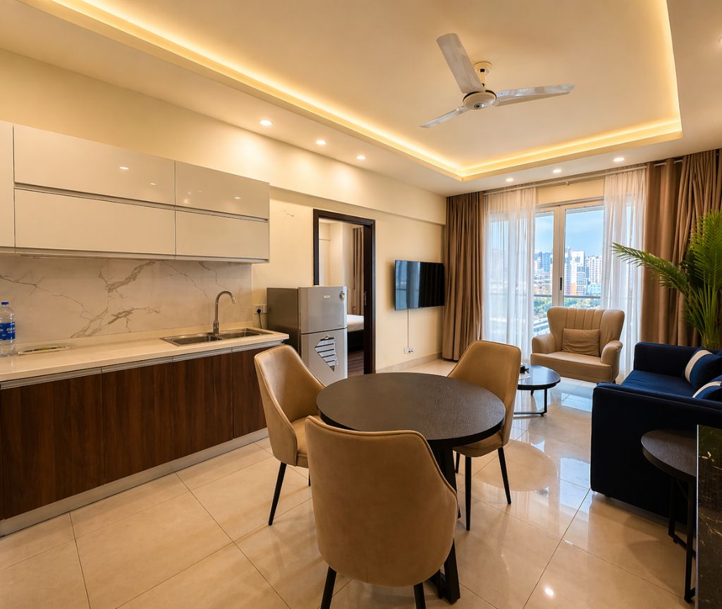 A modern living room with a dining area, a kitchen, and a balcony with a city view.
