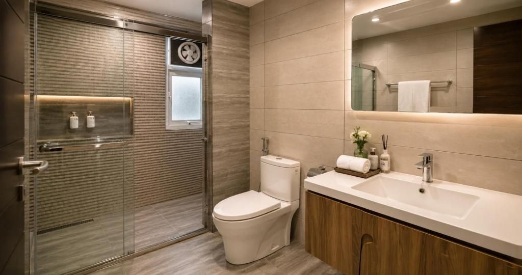 Ein modernes Badezimmer mit Glasdusche, Toilette und Waschtisch mit Spiegel.