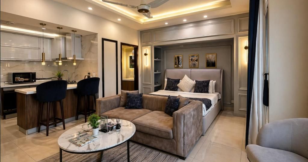 A modern living room with a sofa, a coffee table, and a kitchen area with bar stools.