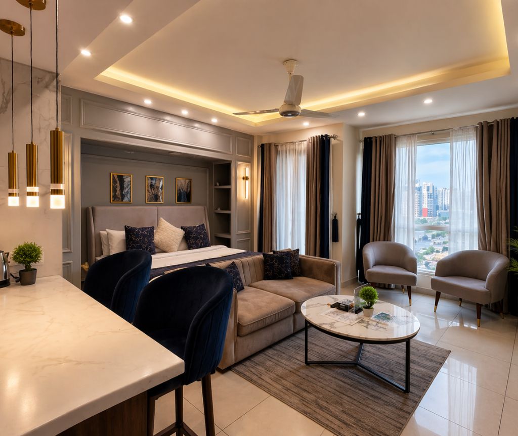 A modern living room with a sofa, armchairs, a coffee table, and a city view through large windows.