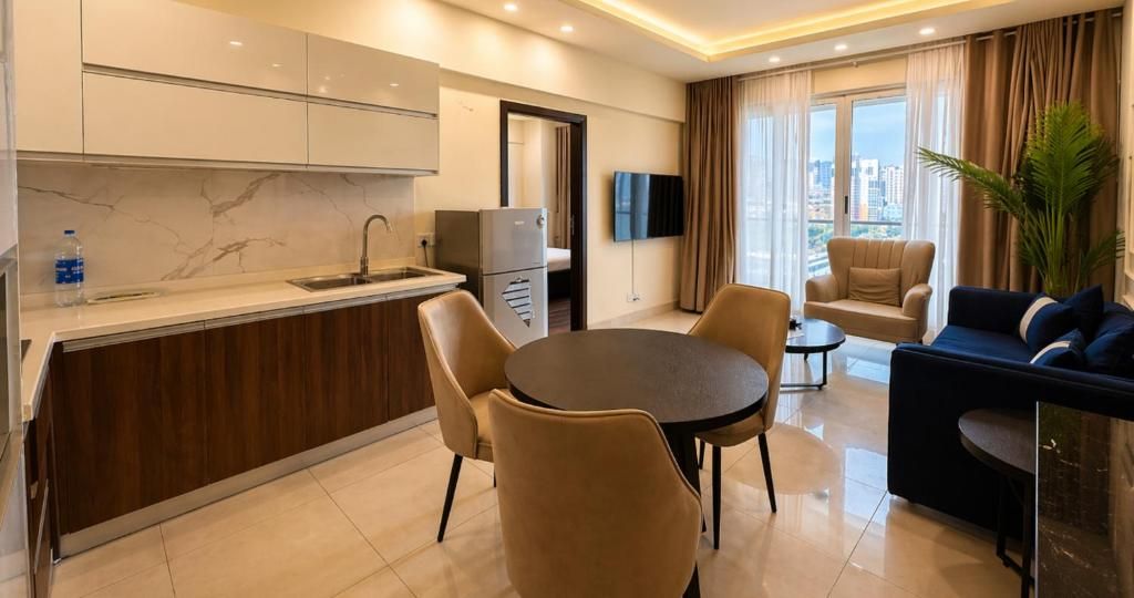 Una habitación de hotel moderna con cocina, comedor y zona de estar con sofá y sillones.