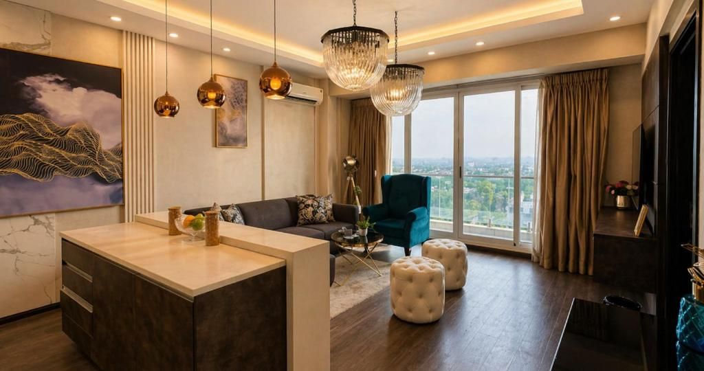 Uma sala de estar moderna com sofá, pufes, mesa de centro e vista para a cidade.