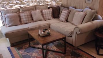 A cozy living room with a sofa, a coffee table, and a patterned rug.