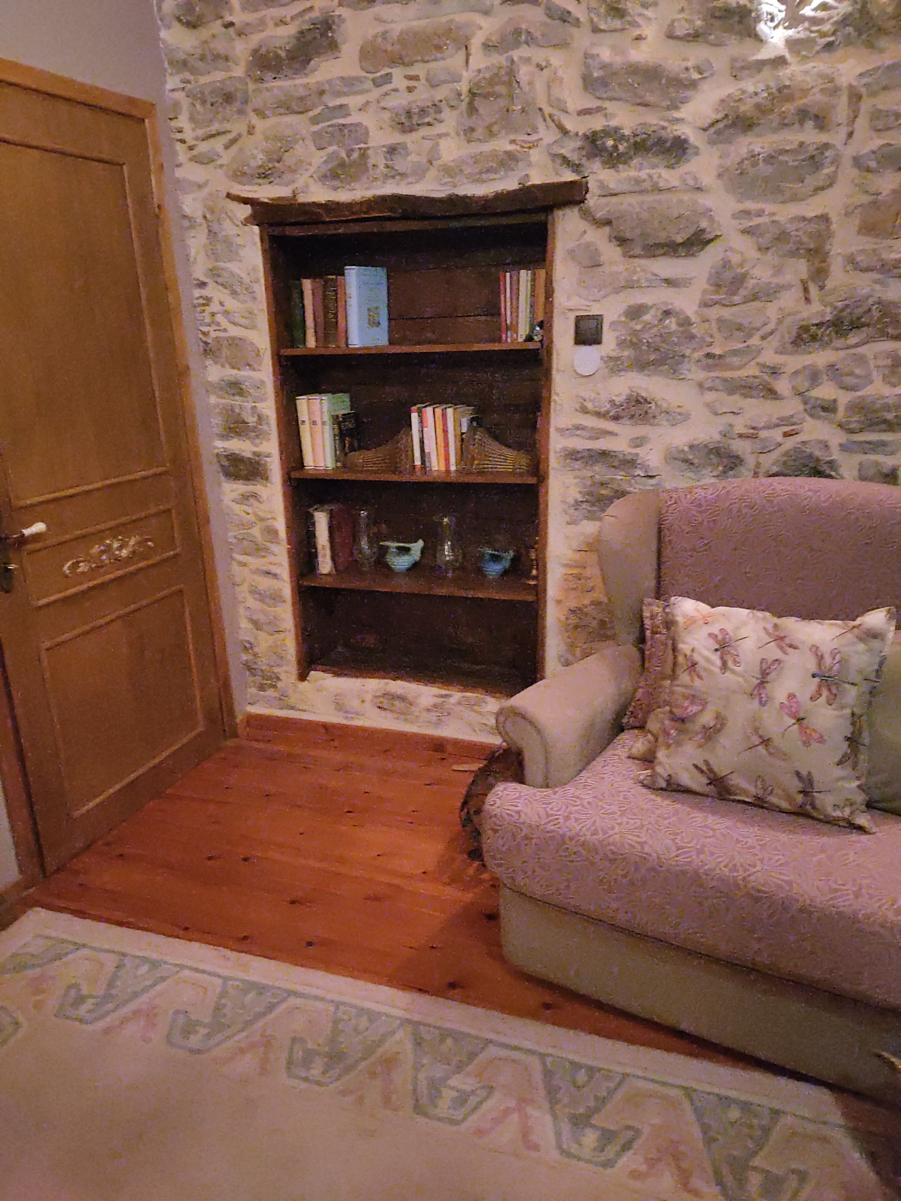 A room with a stone wall, a wooden bookshelf, a door, and a patterned sofa.