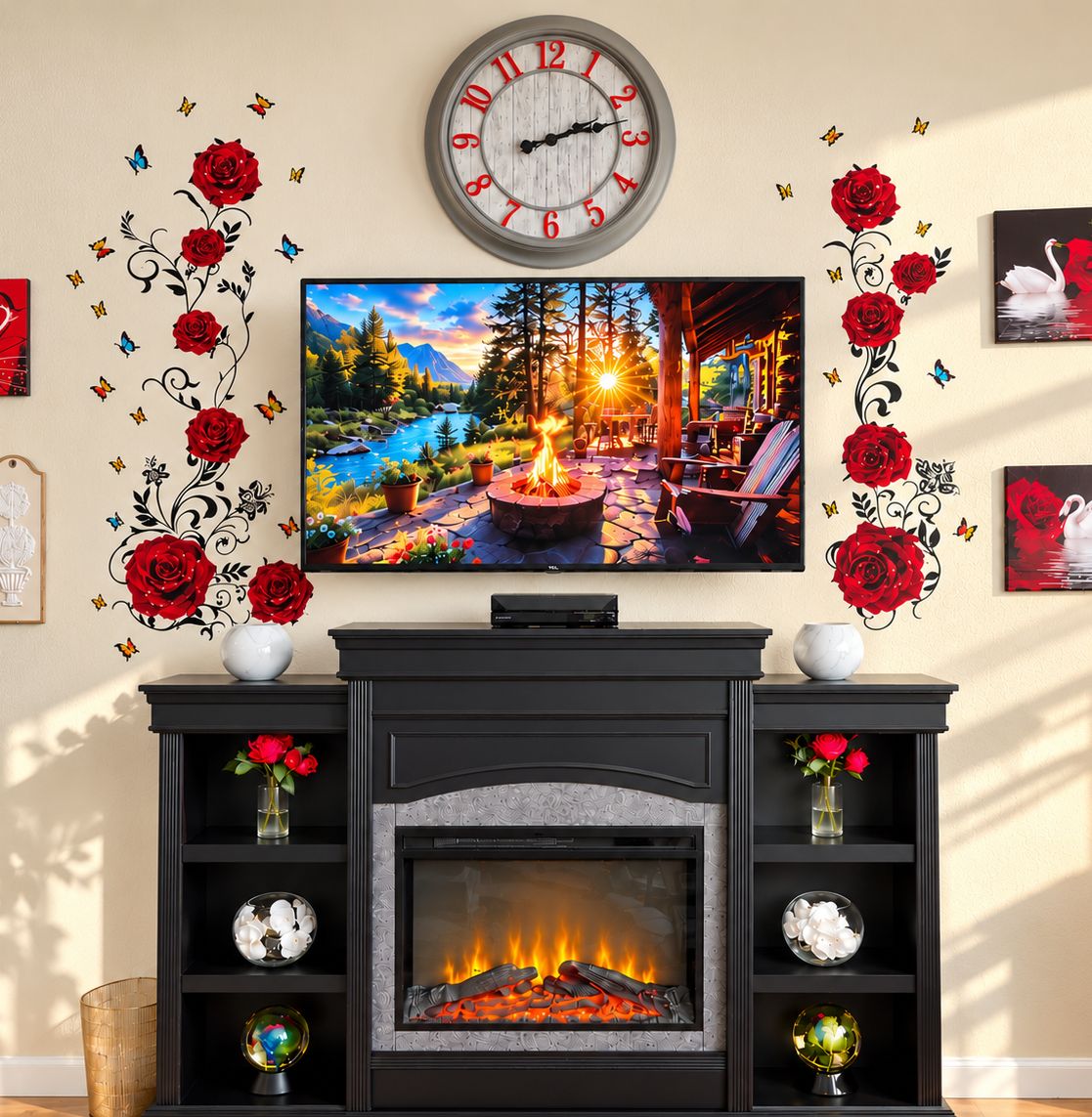 A fireplace with a TV above it, surrounded by decorative elements like roses and butterflies.