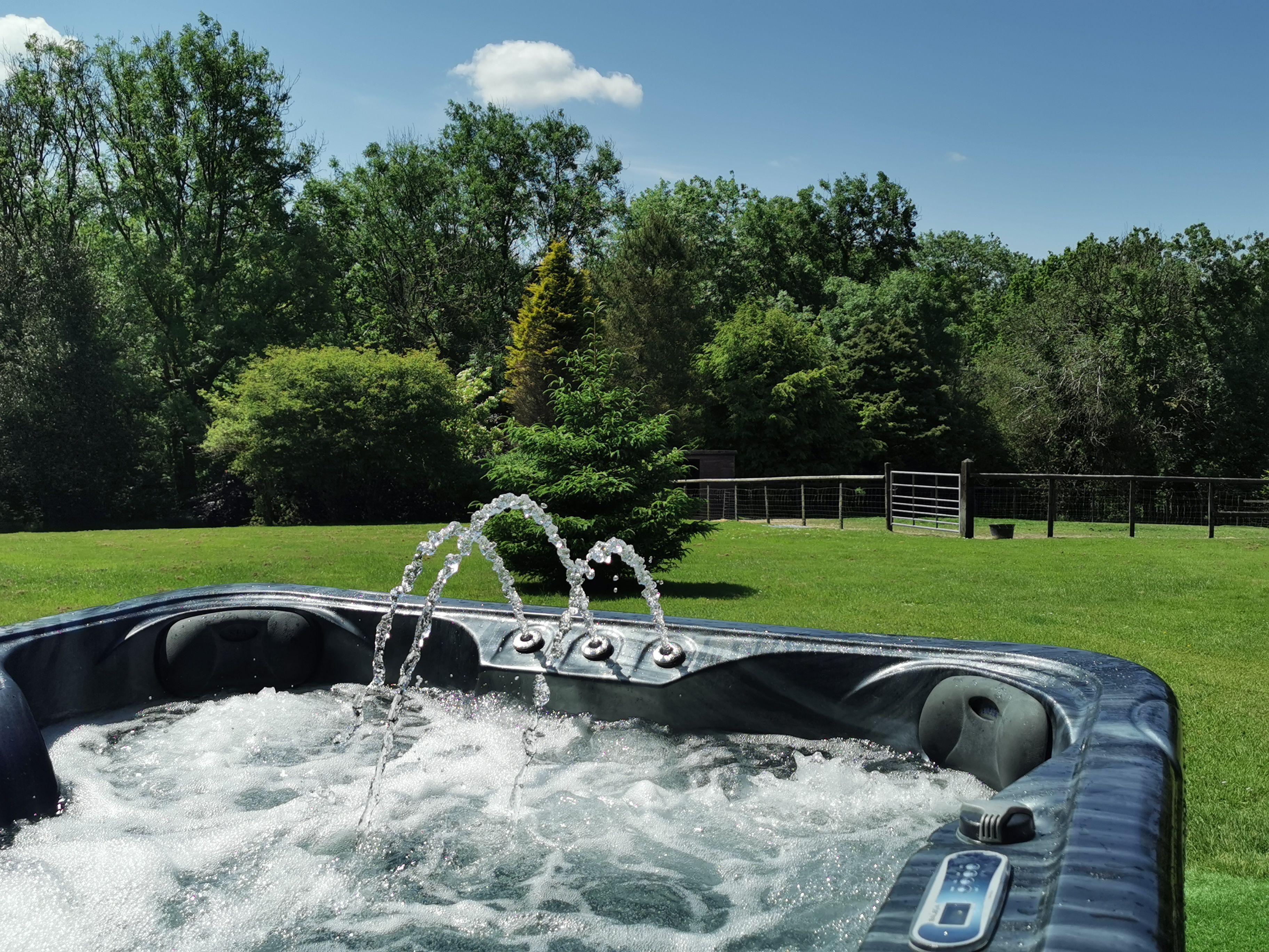 A hot tub outdoors with water jets, surrounded by a grassy area and trees.