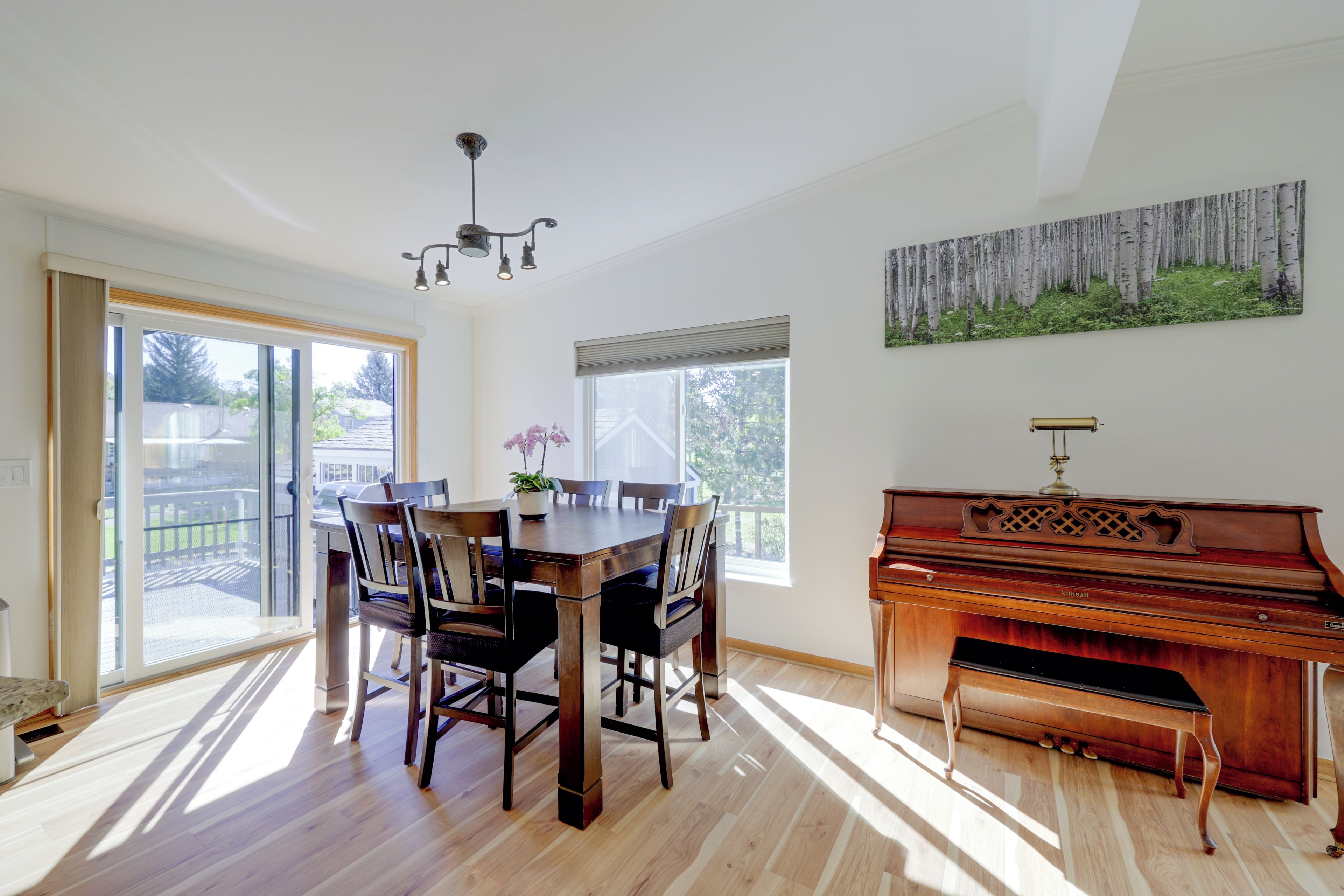 A dining area with a wooden table and chairs, a piano, and a large window with a view of the outdoors.
