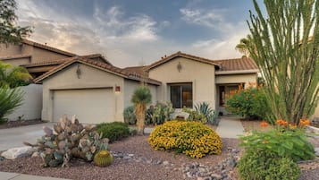 A residential property with a garage, a well-maintained garden with cacti and flowering plants, and a clear sky.