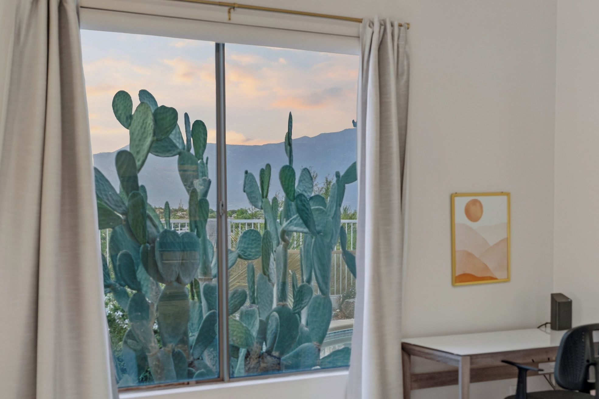 A room with a large window, a desk, and a cactus plant.