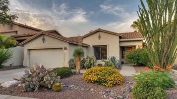 A residential property with a garage, a well-maintained garden with cacti and flowering plants, and a clear sky.