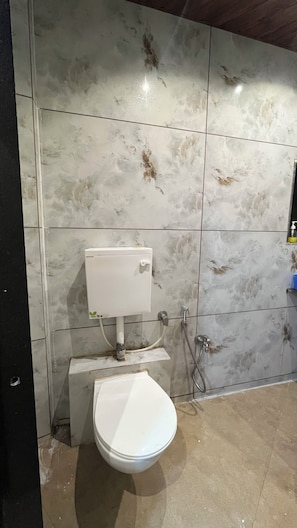 Une salle de bain avec des toilettes, une douche et un mur en marbre.
