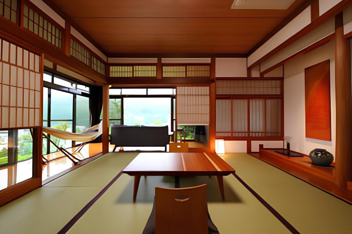 Una habitación japonesa tradicional con suelo de tatami, una mesa baja, una silla y puertas correderas.