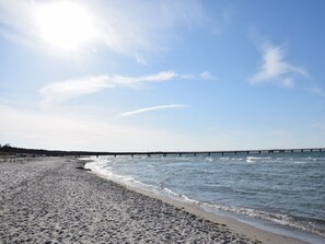 A beach with a pier extending into the water, sandy shore, and clear skies. - in the House of Four Oaks (Ostseebad Prerow)