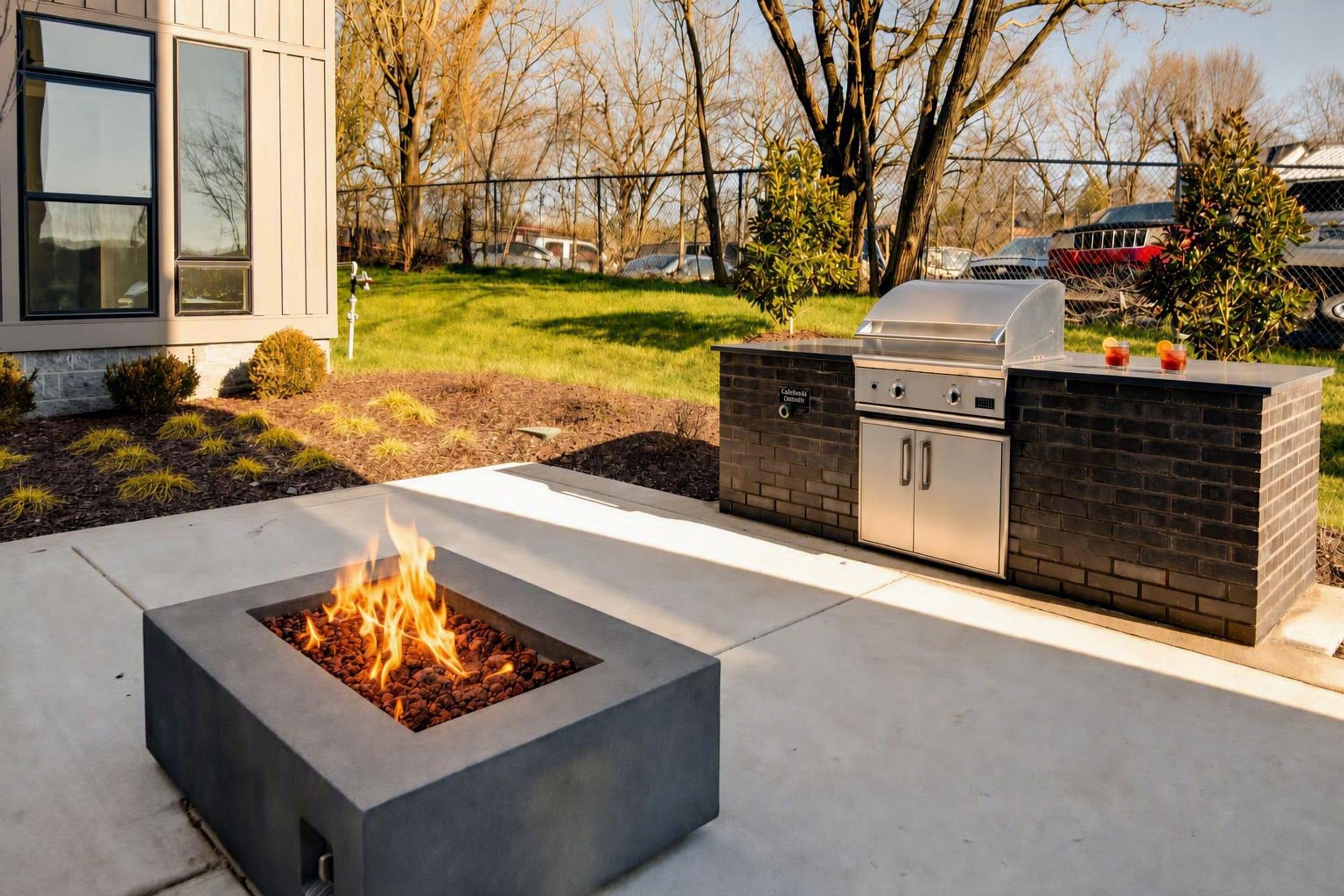 An outdoor kitchen with a built-in grill, a fire pit, and a brick wall.