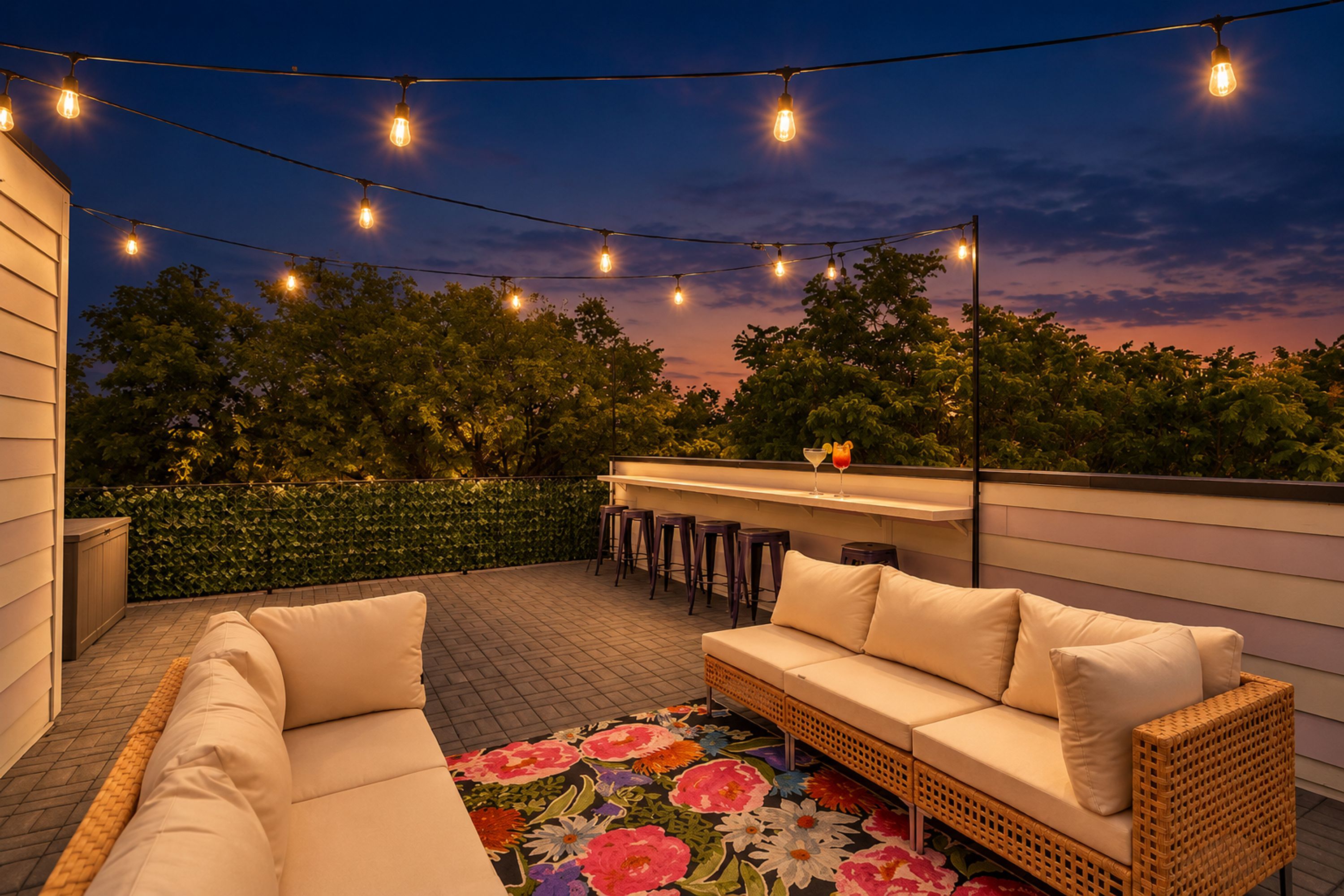 An outdoor patio area with a sofa, a dining table, and string lights.