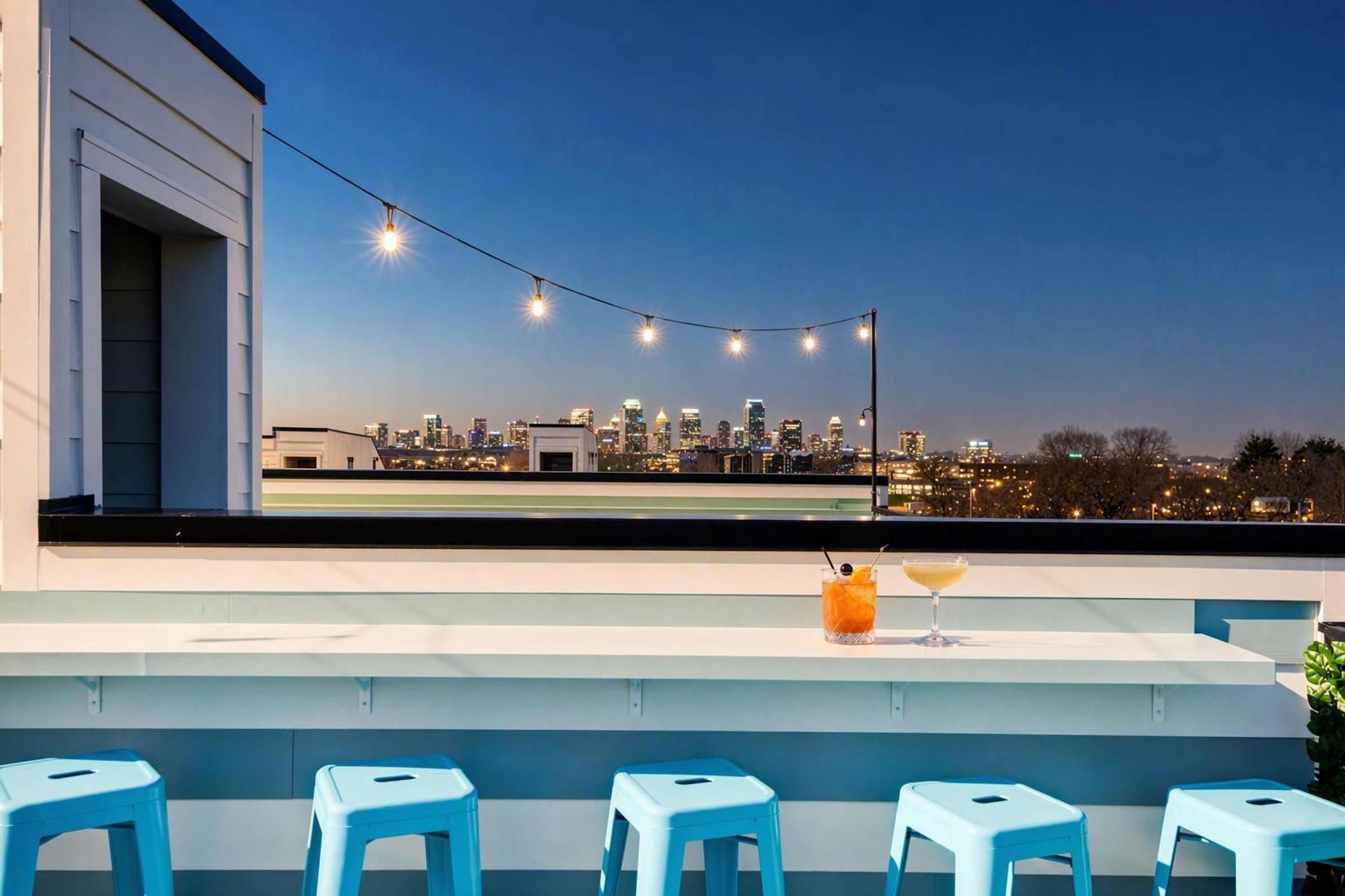Eine Dachterrasse mit Blick auf die Stadtlandschaft, Lichterketten und zwei Getränke auf der Theke.