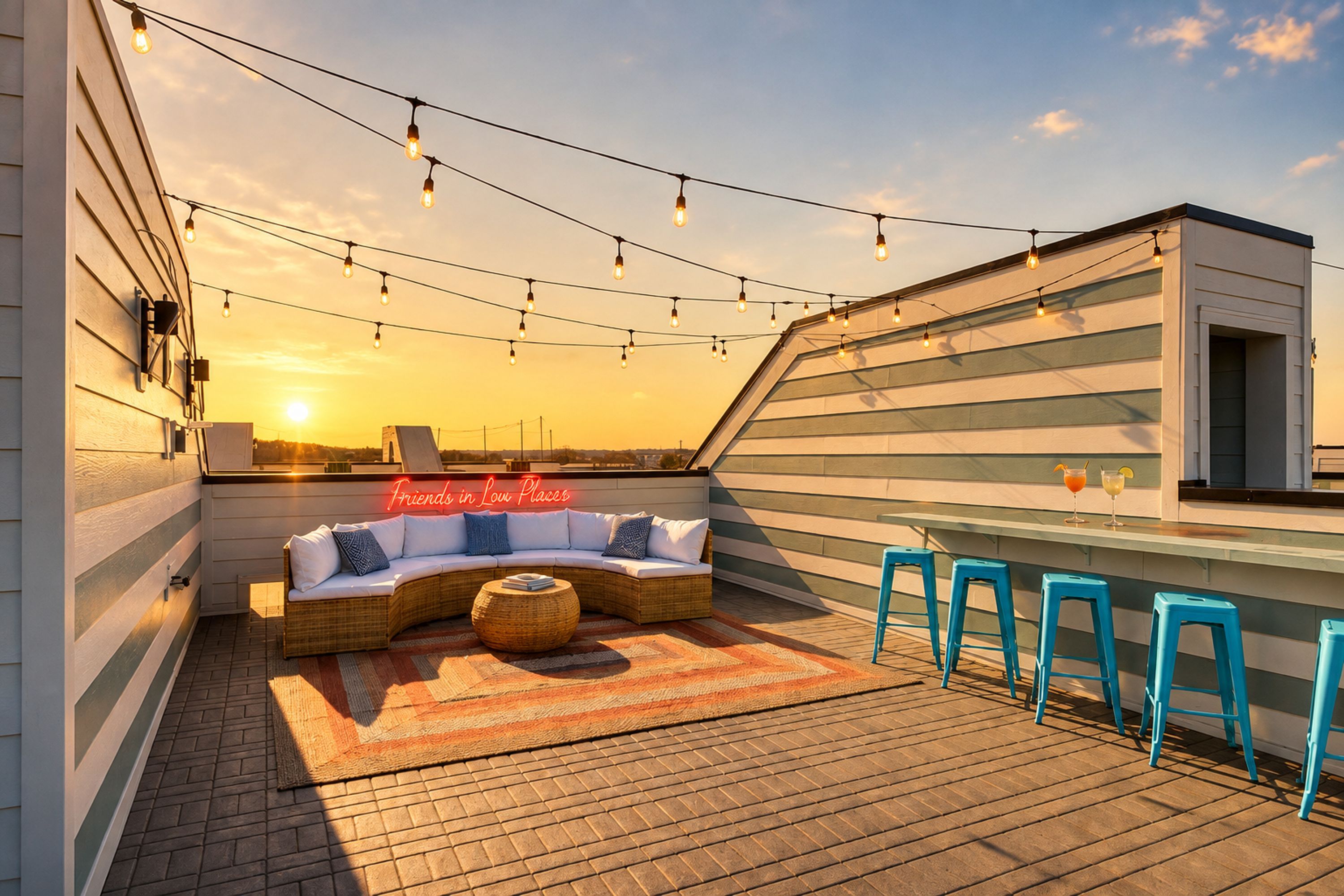 A rooftop terrace with a sofa, bar stools, string lights, and a neon sign.