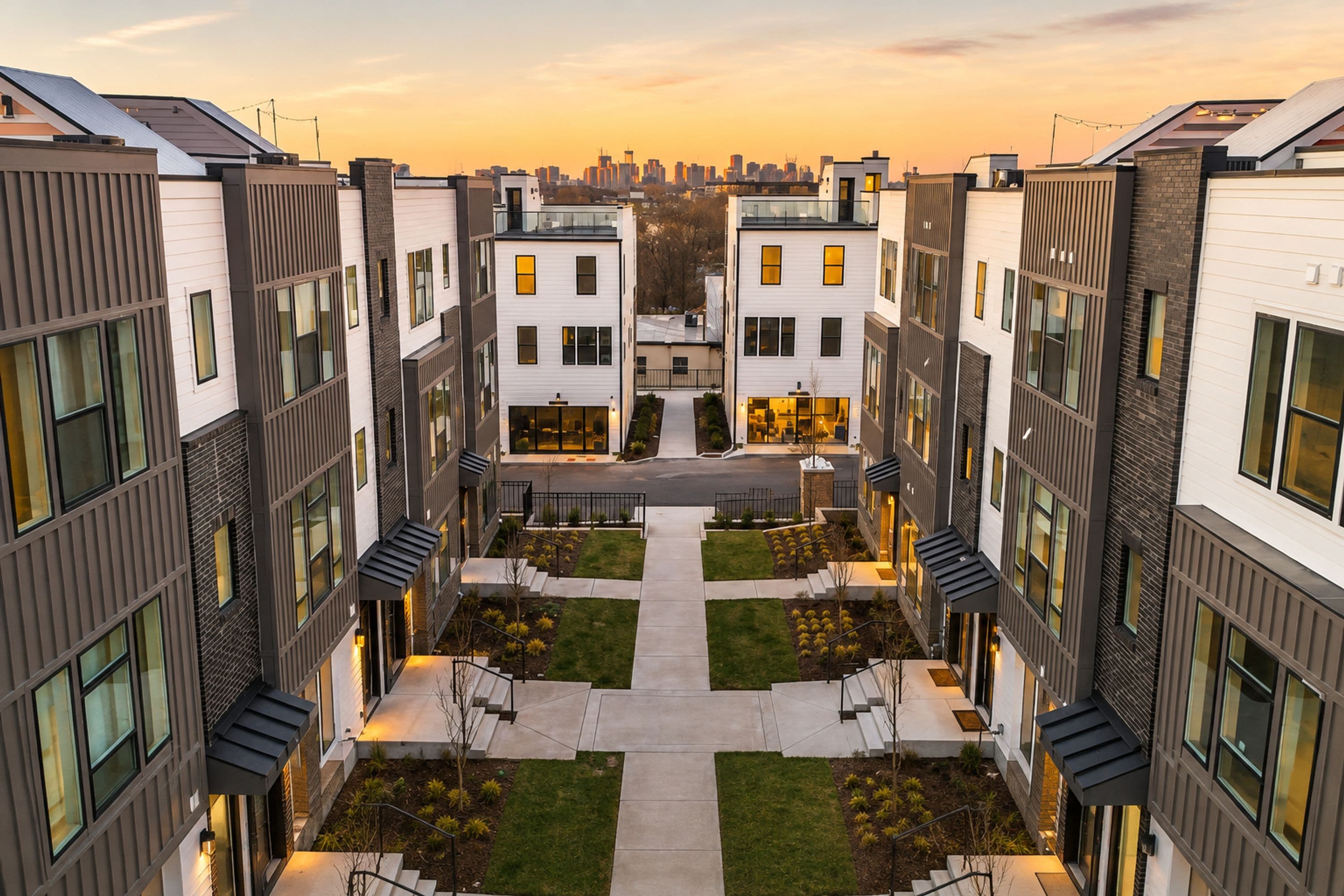 Ein moderner Apartmentkomplex mit Innenhof, mehreren Balkonen und einer Skyline im Hintergrund.