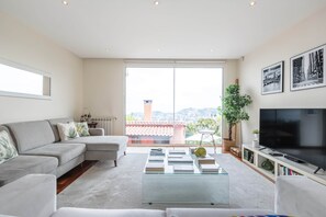 A modern living room with a sofa, a coffee table, and a television.