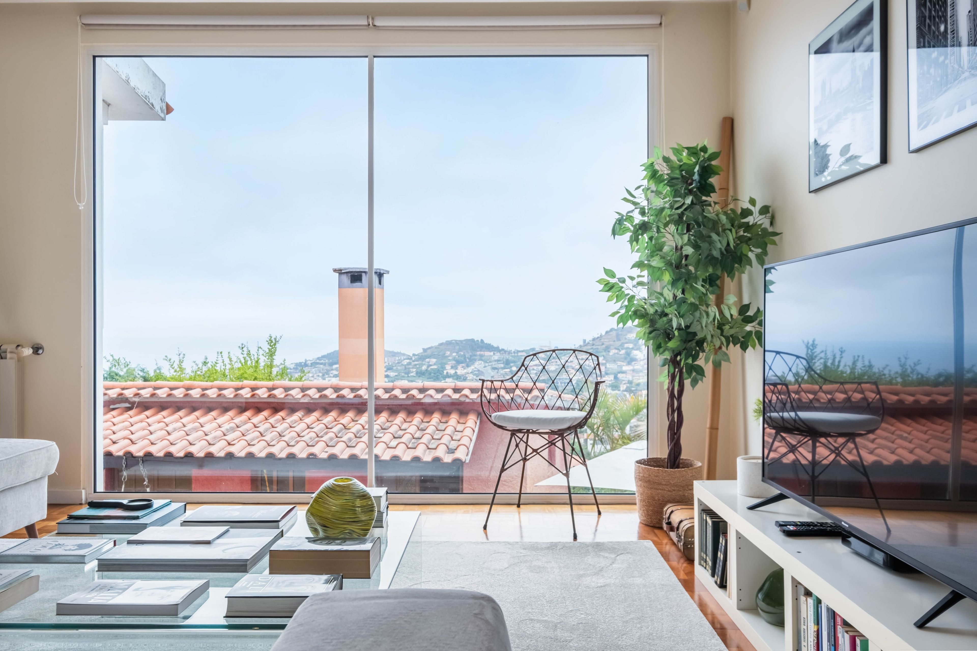 Una sala de estar con un ventanal grande, un televisor, una estantería y una planta.