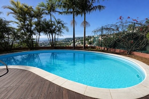 A swimming pool with a wooden deck, surrounded by palm trees and a view of a cityscape.