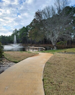 A concrete pathway leading to a body of water with a fountain, surrounded by trees and a wooden fence. - New to Program | Santa Rosa Sunshine | 3BR Retreat with Pool, Lake (Santa Rosa Beach)