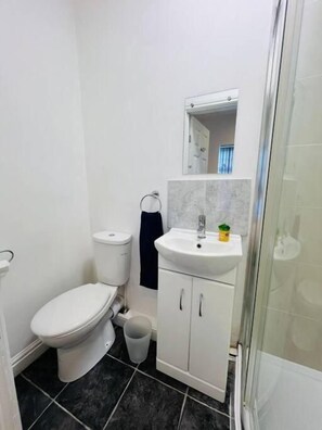 A compact bathroom with a toilet, sink, and a glass shower enclosure. - 4 Bedroom House all En-suite rooms. (Stoke-on-Trent)